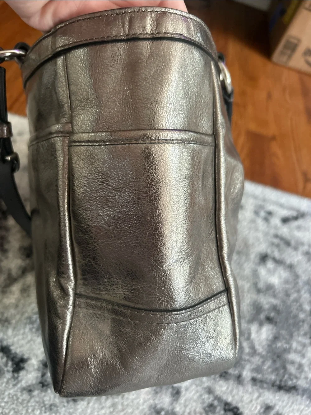 Coach Gallery Tote Metallic Pewter Leather Shoulder Bag F17721 East West